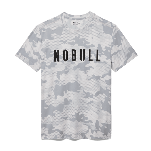 Men's Light Gray Camo NOBULL Tee Flat Lay Angle.