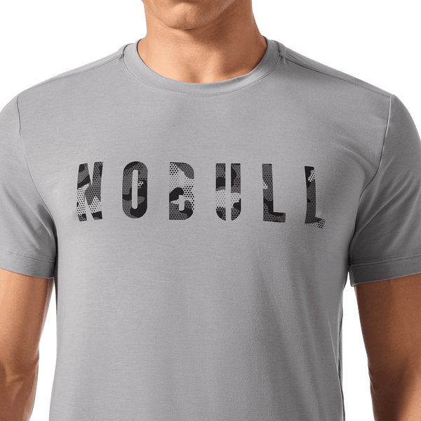 Men's Gray Camo Fill NOBULL Tee Front Detail Angle.