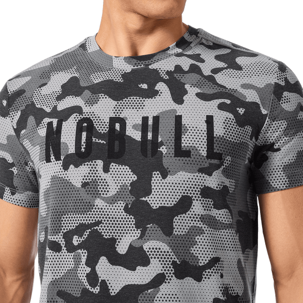 Men's Dark Gray Camo NOBULL Tee Front Detail Angle.