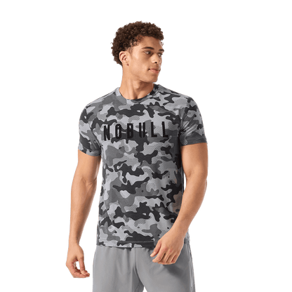 Men's Dark Gray Camo NOBULL Tee Front Waist Up Angle.