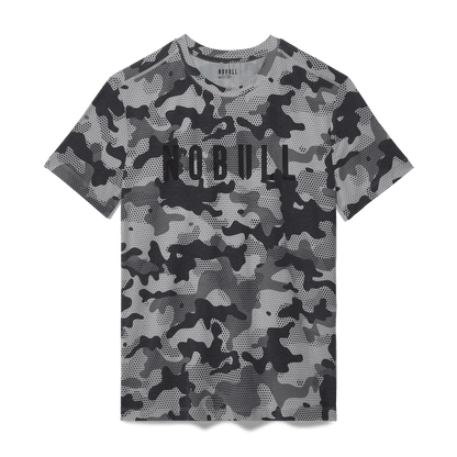Men's Dark Gray Camo NOBULL Tee Flat Lay Angle.