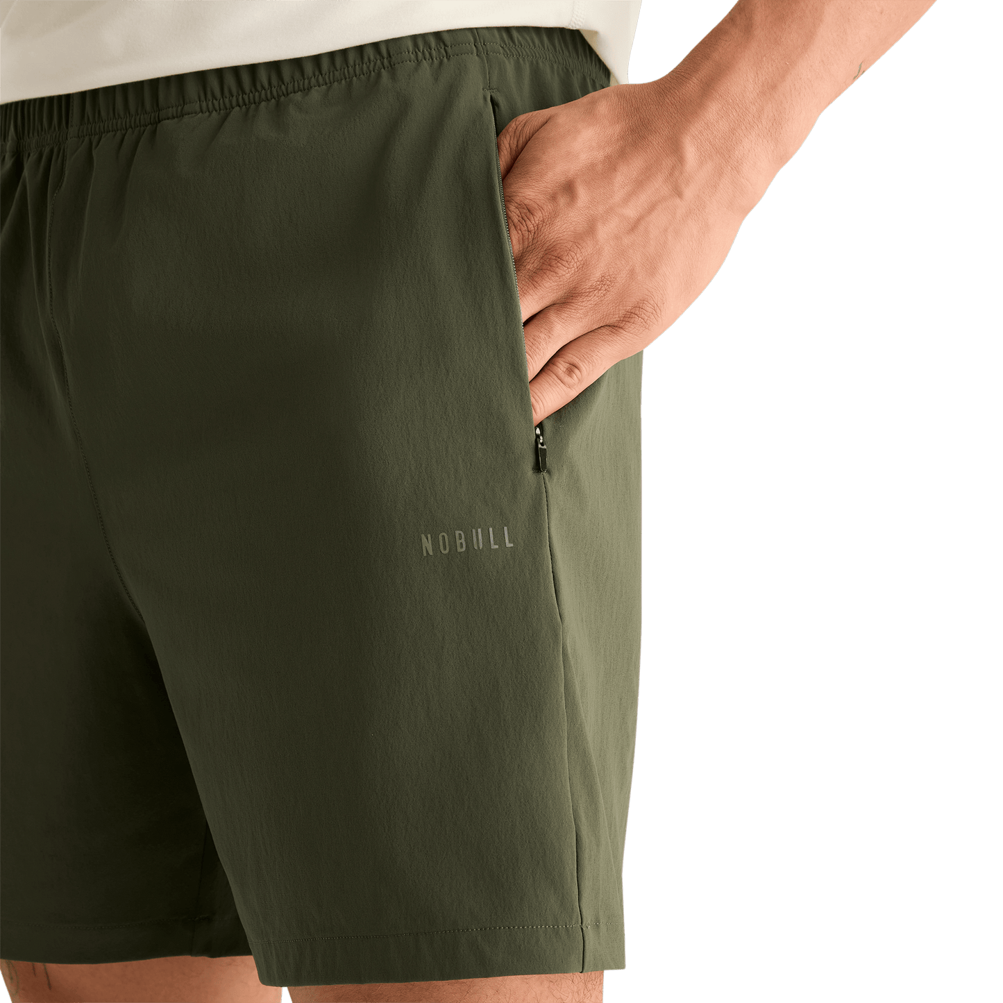 Men's Dark Army NOBULL Rep Short 6" (Lined) Pocket Detail Angle.