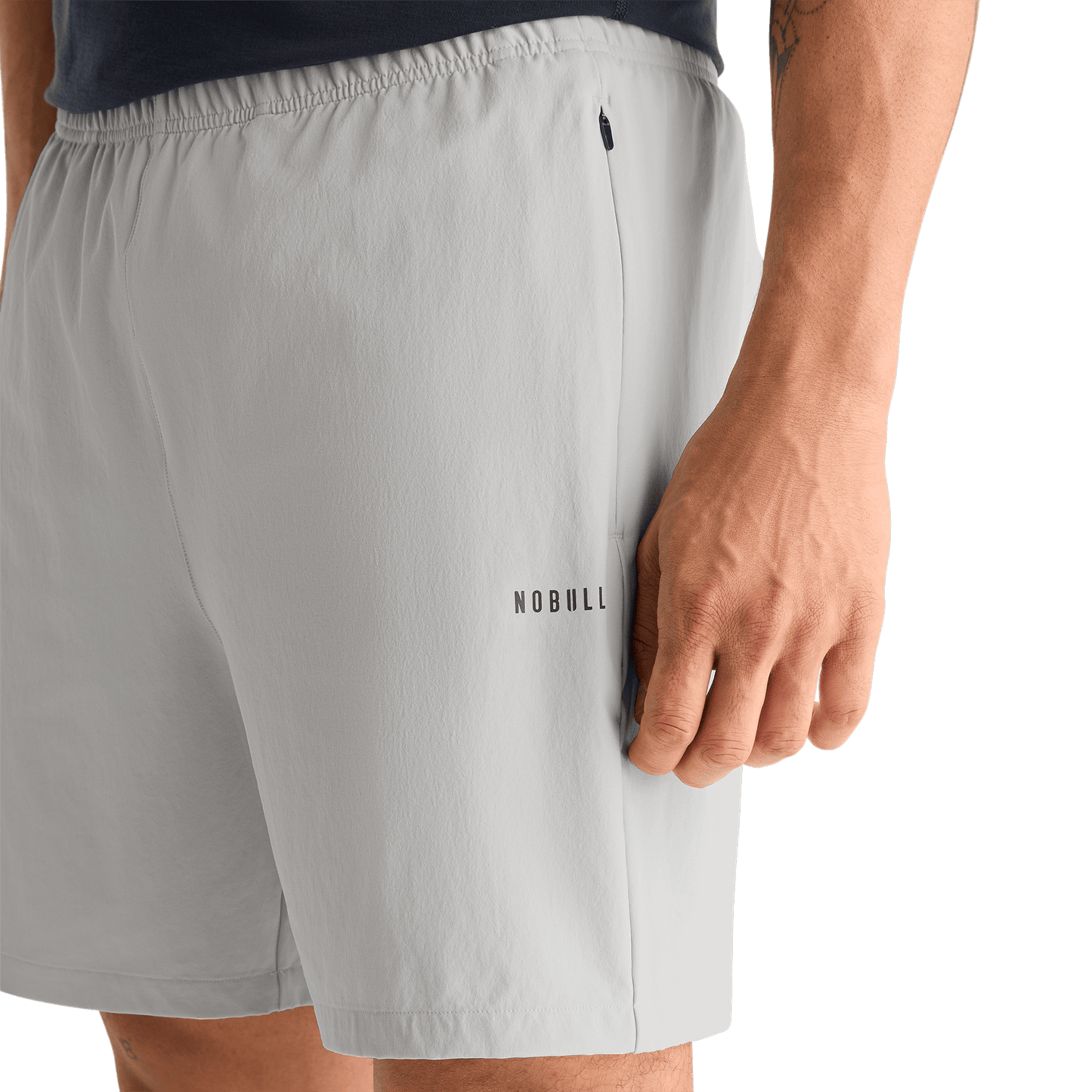 Men's Light Grey NOBULL Rep Short (Lined) 6" Detail Angle.