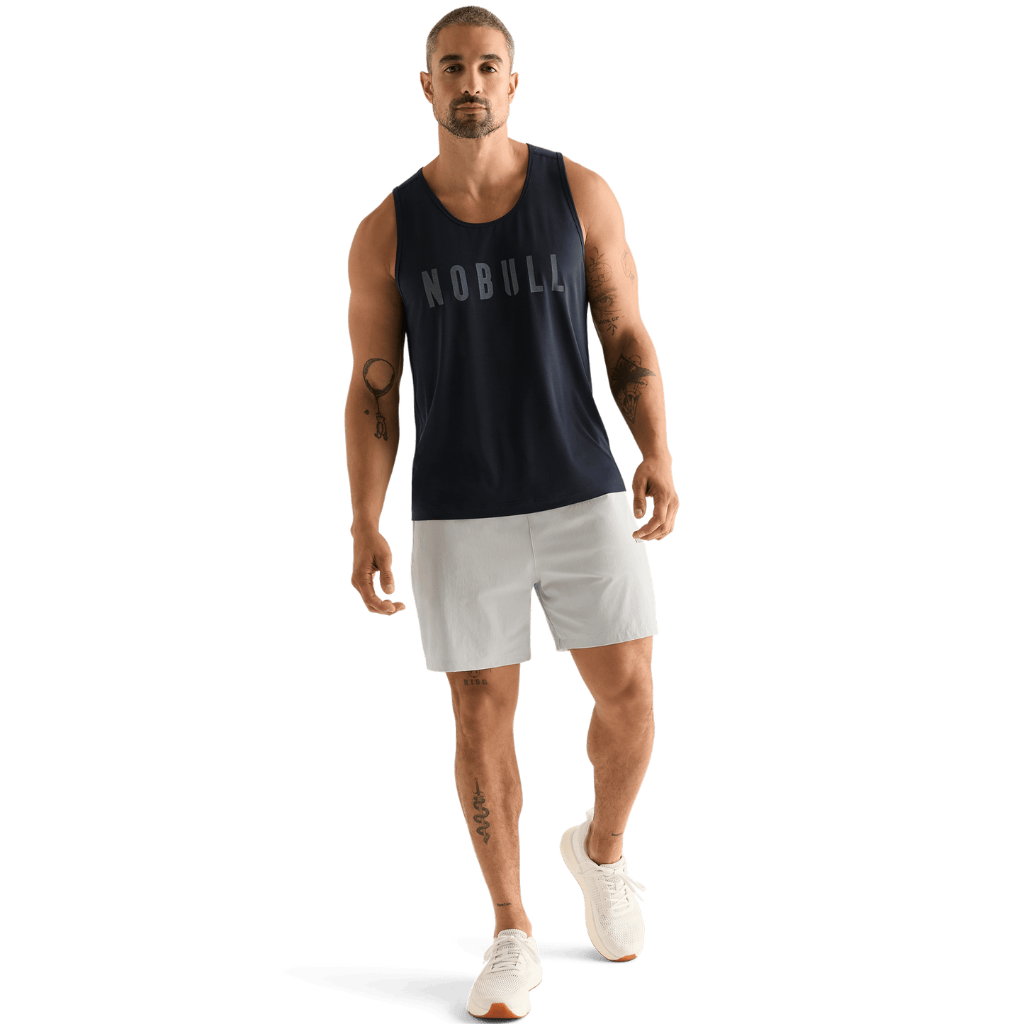 Men's Light Grey NOBULL Rep Short (Lined) 6" Front Full Body Angle.