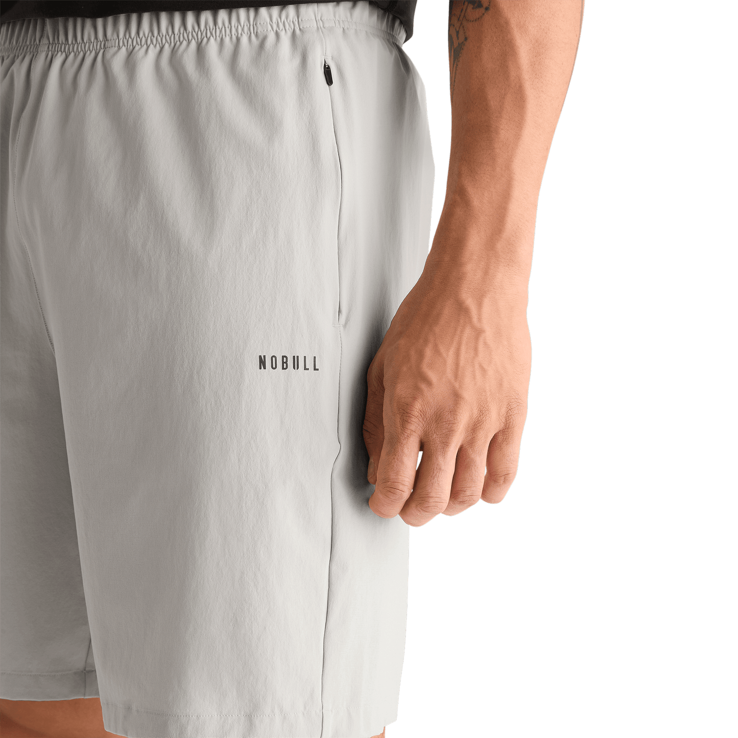 Men's Light Grey NOBULL Rep Short 8" Detail Angle.