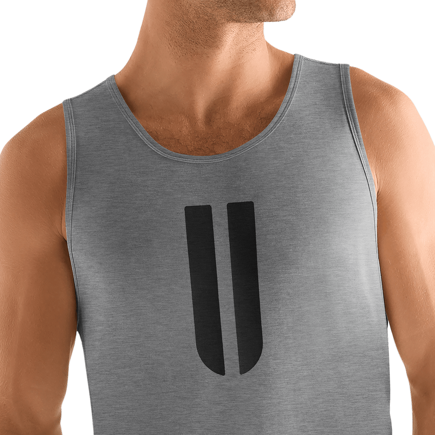 Men's Heather Grey U Tank Detail Angle.