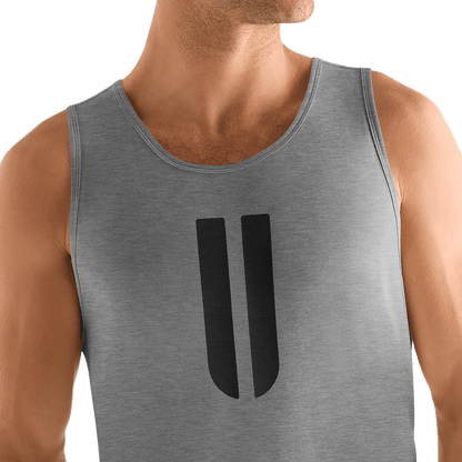 Men's Heather Grey U Tank Detail Angle.