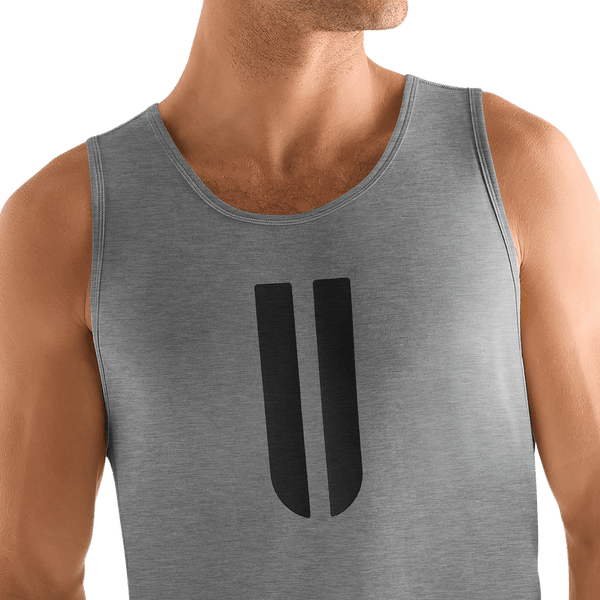 Men's Heather Grey U Tank Detail Angle.