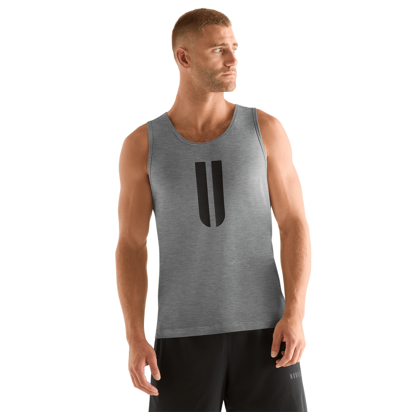 Men's Heather Grey U Tank Front Angle.