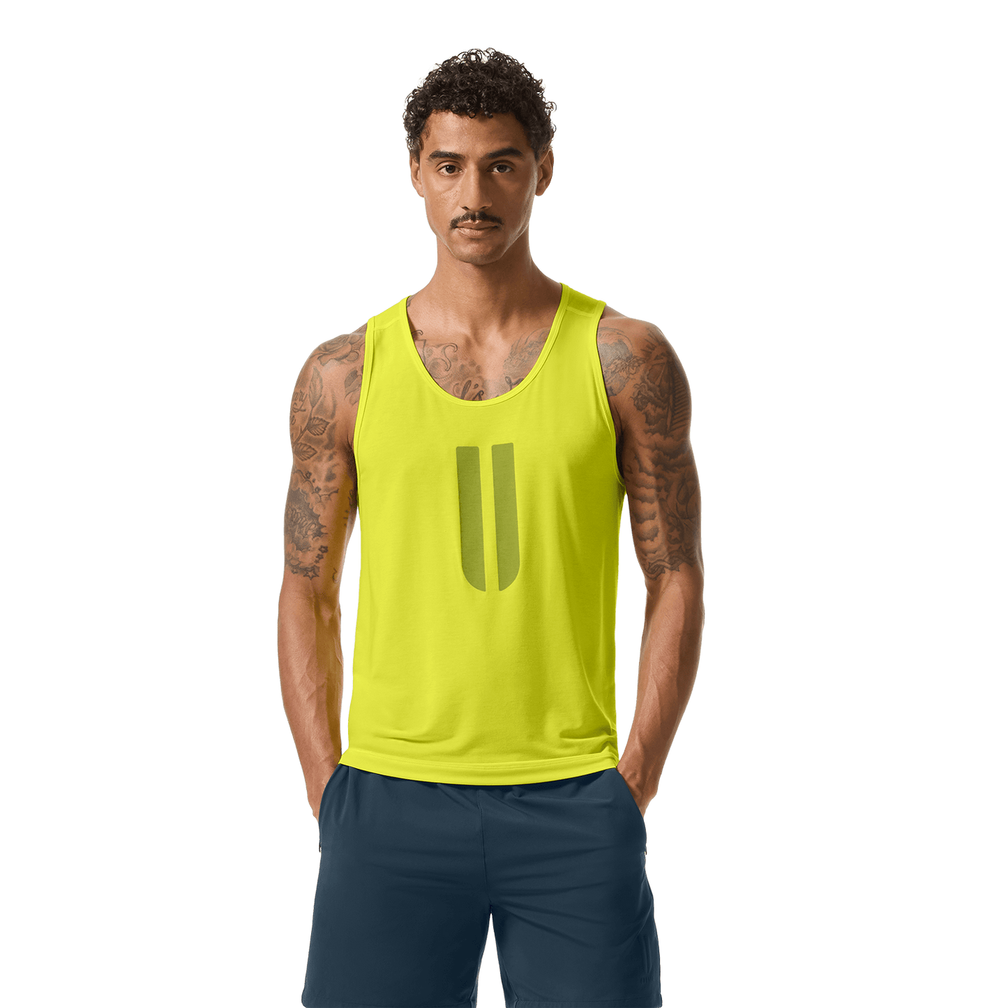 Men's Zest U Tank Front On Body Angle.