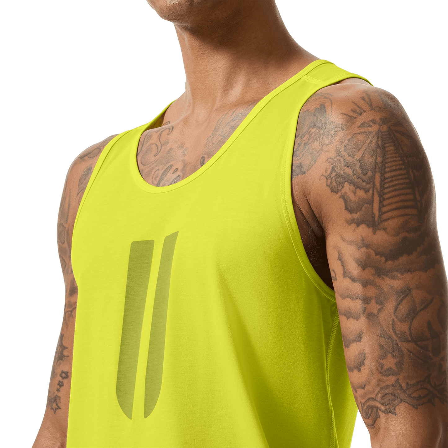 Men's Zest U Tank Front Detail On Body Angle.