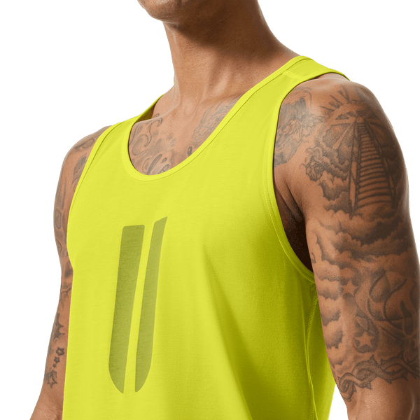Men's Zest U Tank Front Detail On Body Angle.