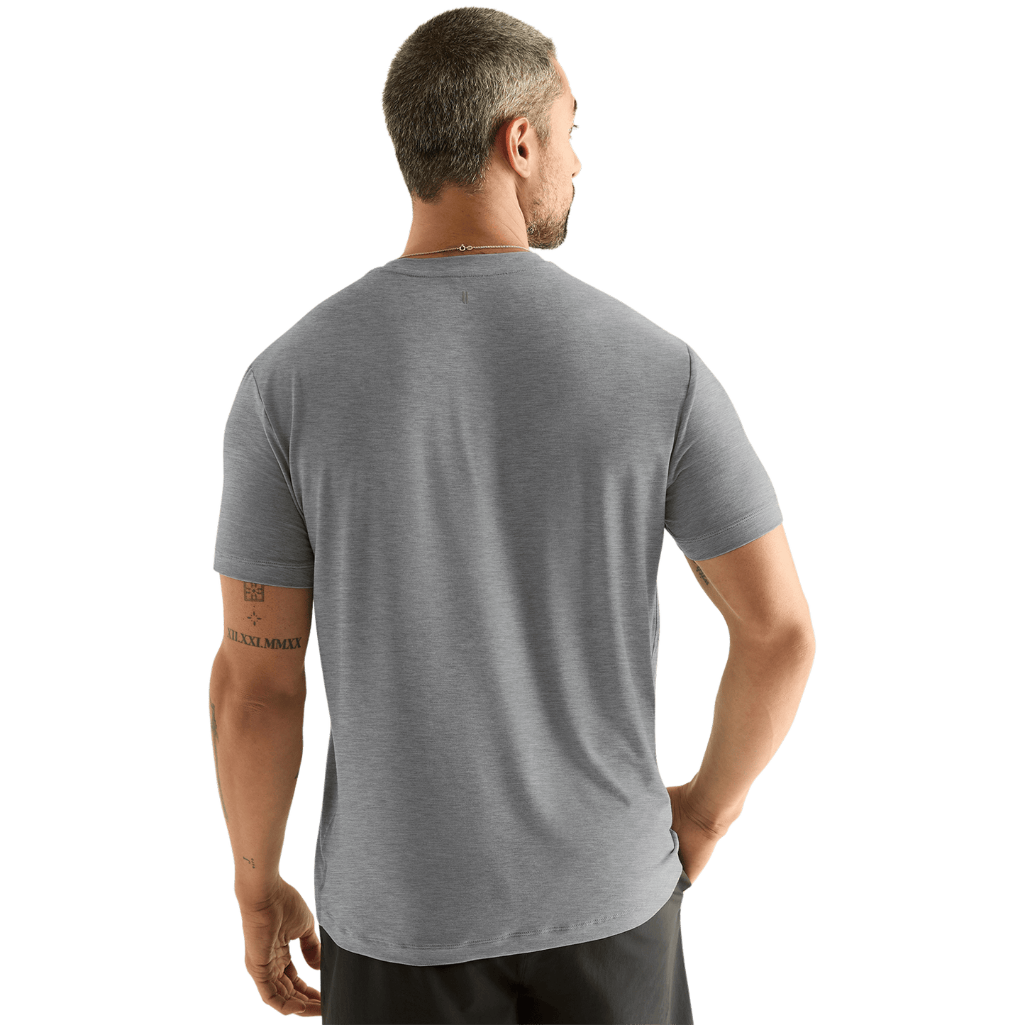 Men's Heather Grey U Tee Back Angle.