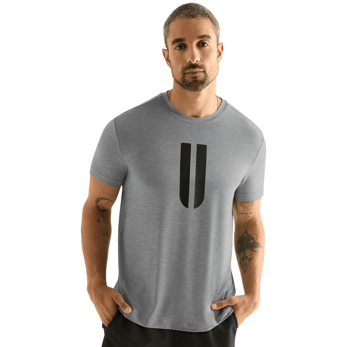 Men's Heather Grey U Tee Front Angle.