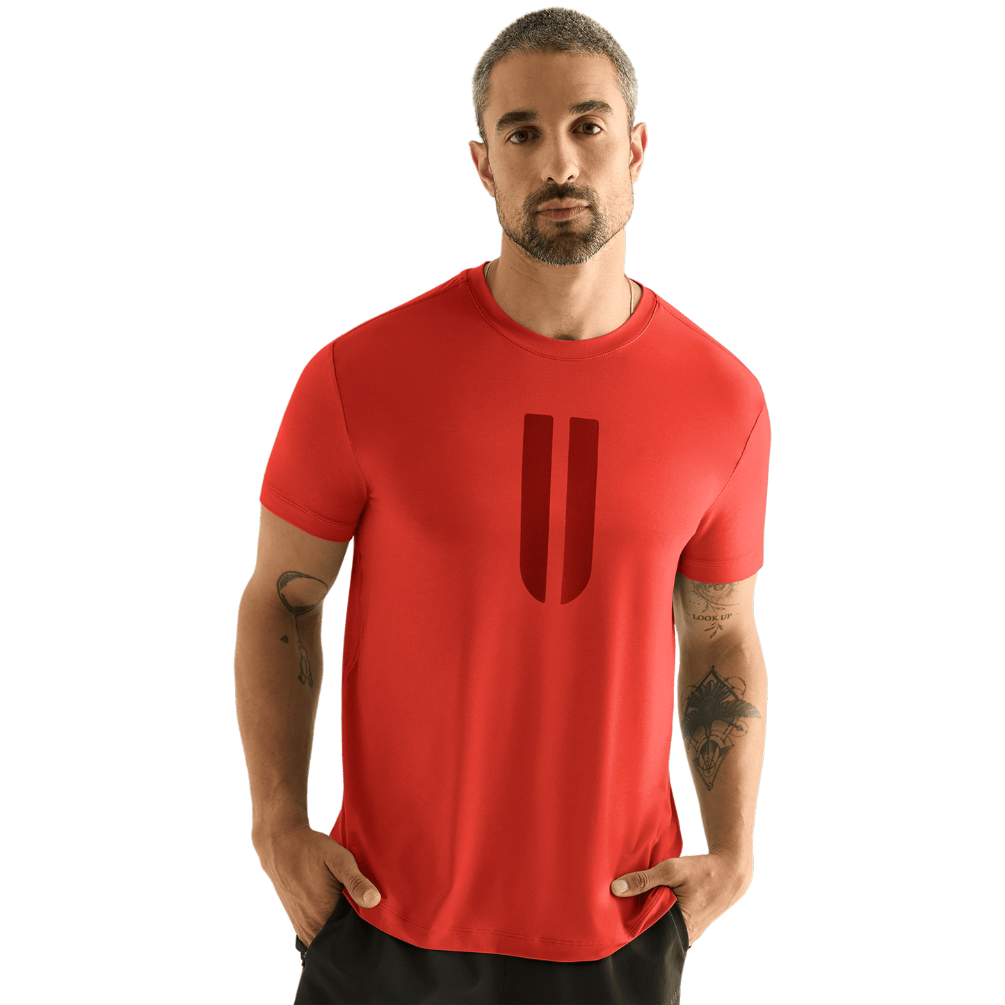Men's Crimson U Tee Front Angle.