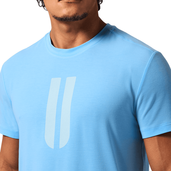 Men's Alaskan Blue U Tee On Body Detail Angle.