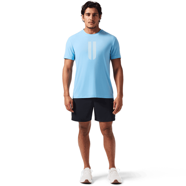 Men's Alaskan Blue U Tee Front On Body Angle.