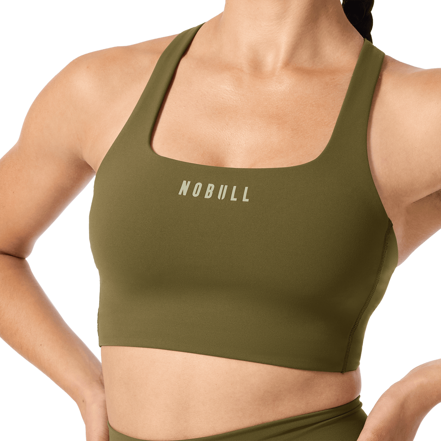 NOBULL Tactical Green Drive Longline Bra Front Detail Angle.