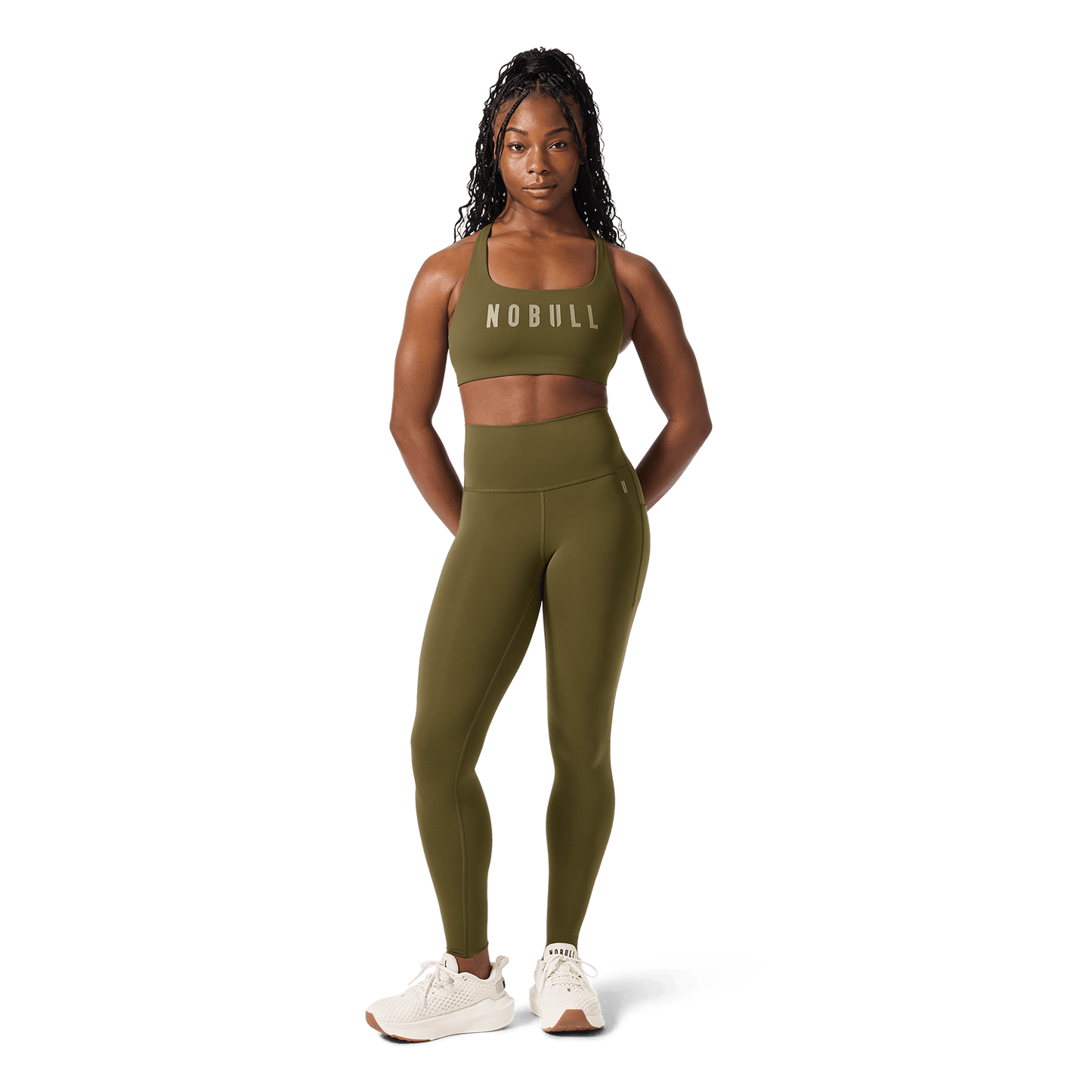 NOBULL Tactical Green Drive Racerback Bra Front Full Body Angle.