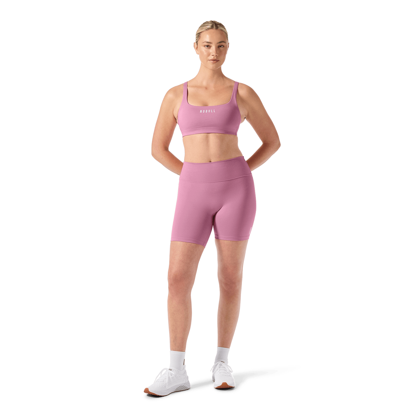 NOBULL Soft Pink Matte Square Neck Bra Front Full Body Angle.