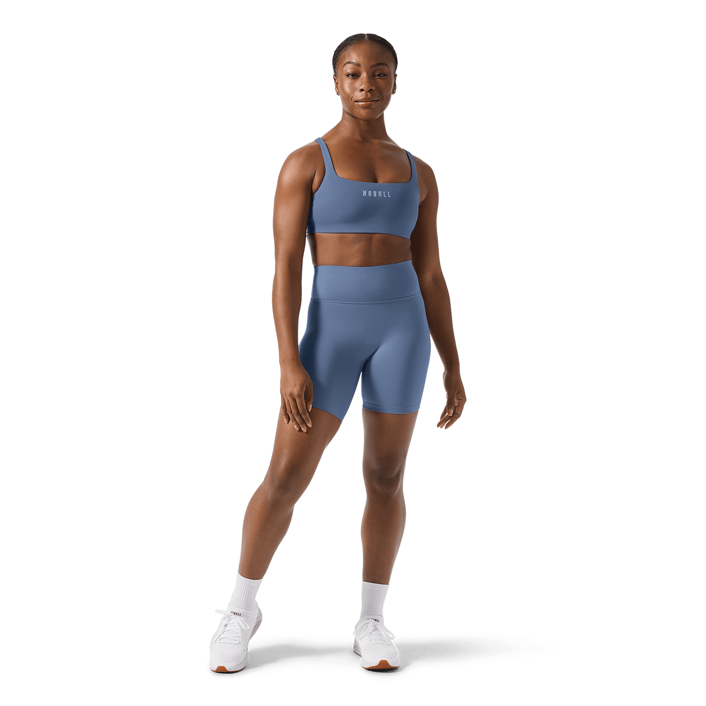 NOBULL Dusty Blue Matte Square Neck Bra Front Full Body Angle.