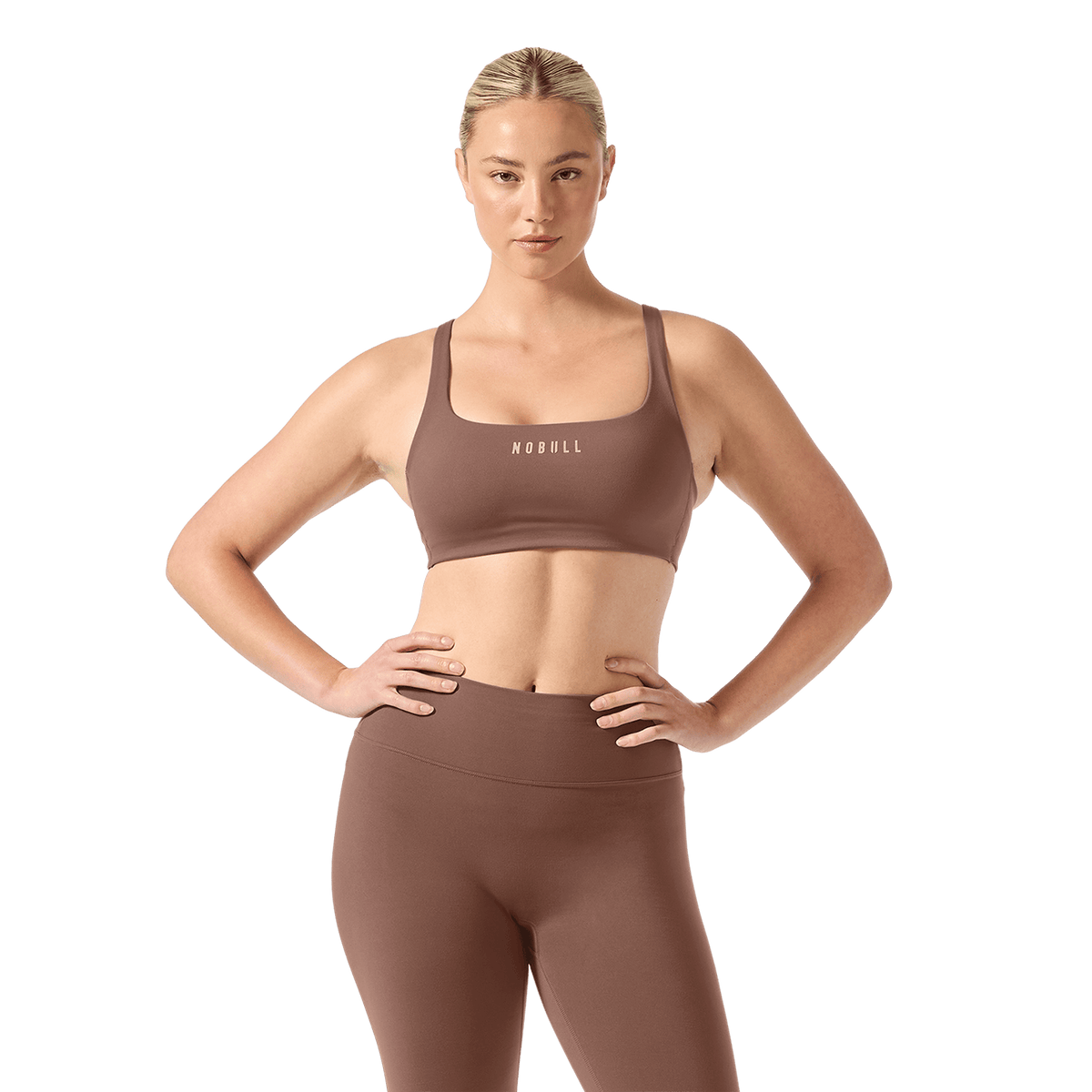 Women's Acorn NOBULL Matte Square Neck Bra Front Waist Up Angle.