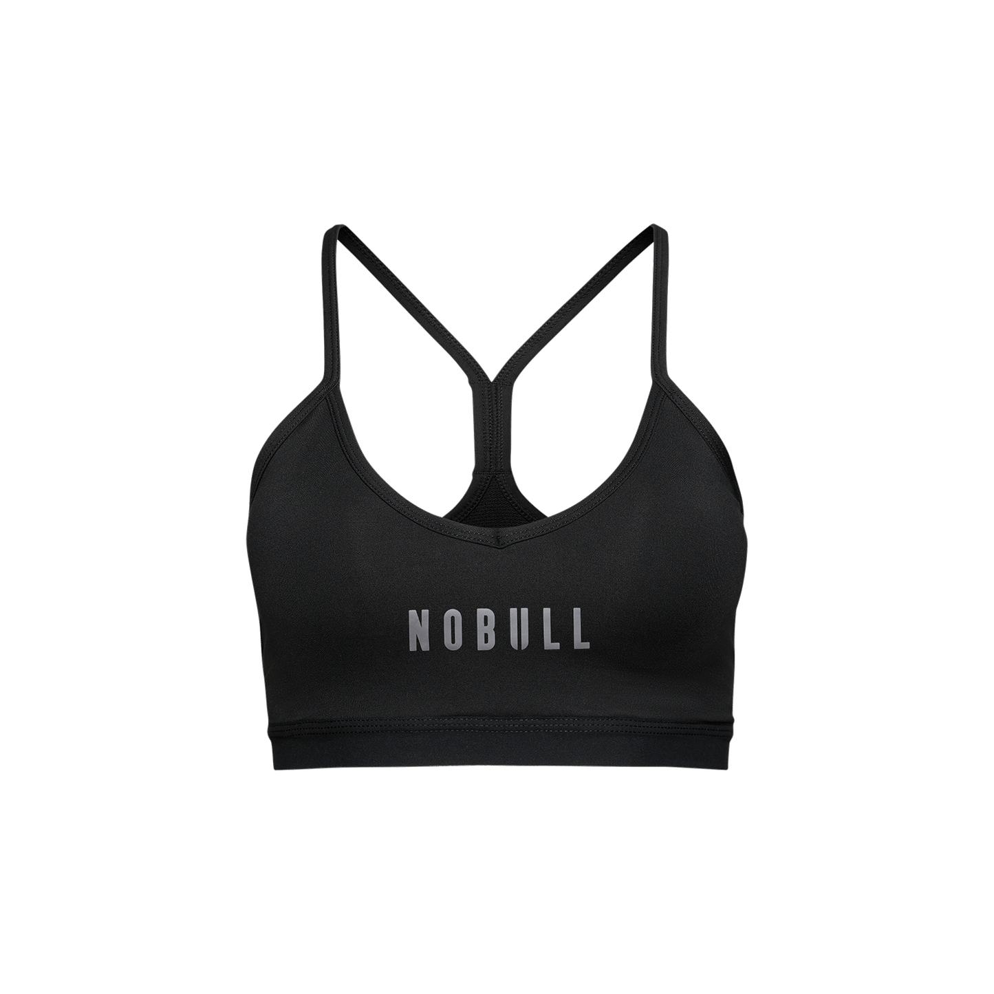 Black sports bra with 'NOBULL' logo on a white background