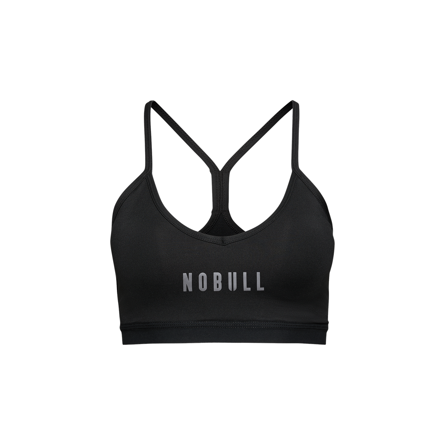 Black sports bra with 'NOBULL' logo on a white background