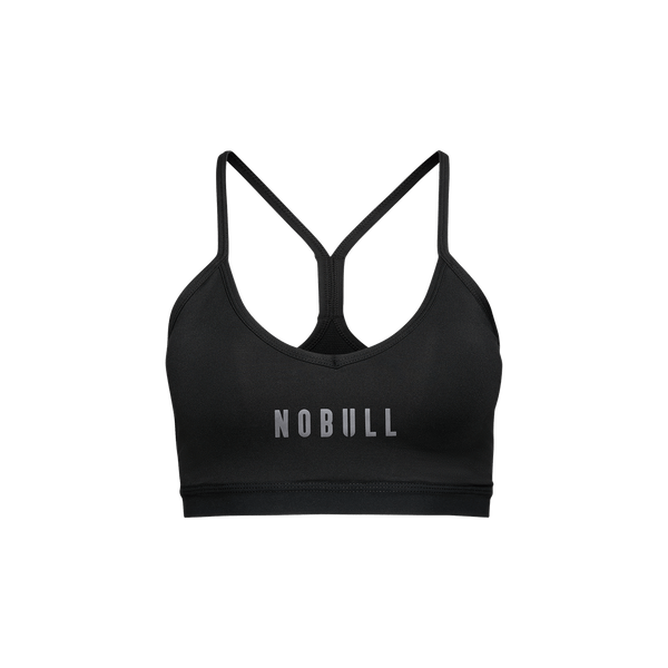 Black sports bra with 'NOBULL' logo on a white background
