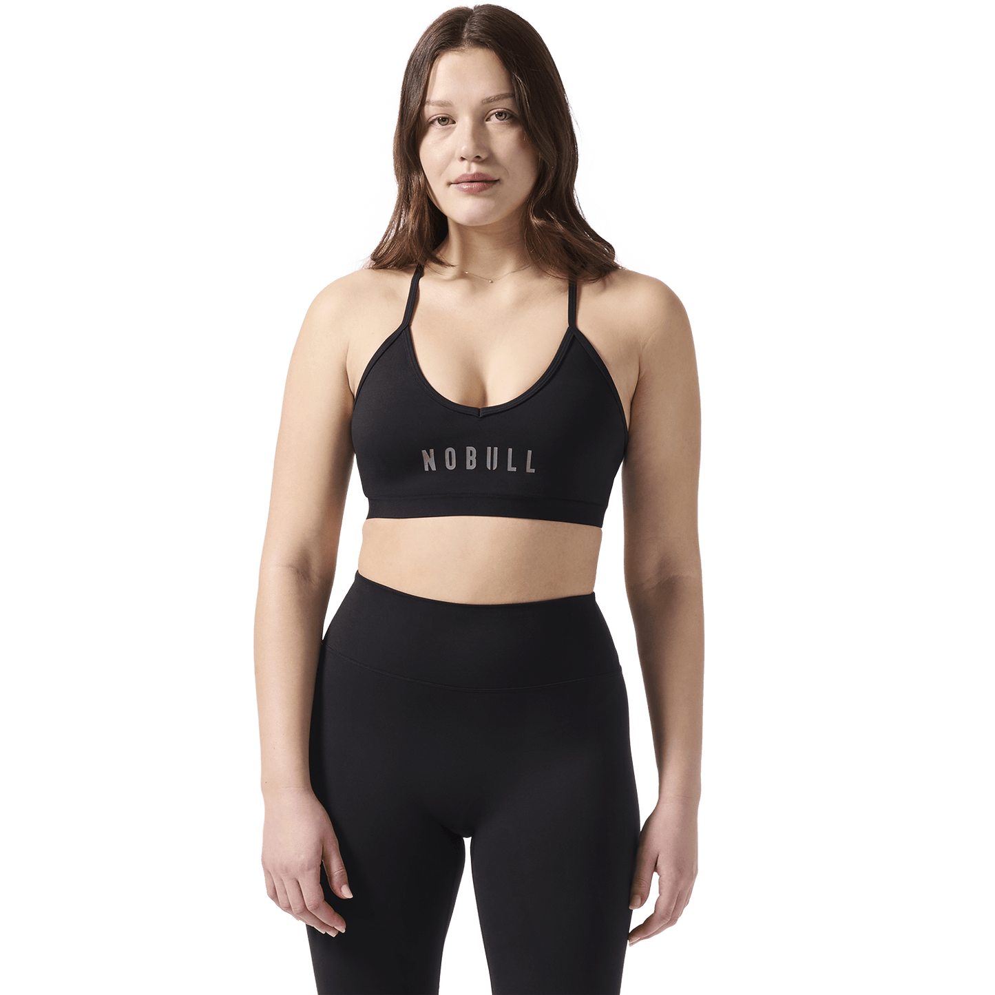 Matte Black NOBULL V-Neck Sports Bra Front On Body Angle.
