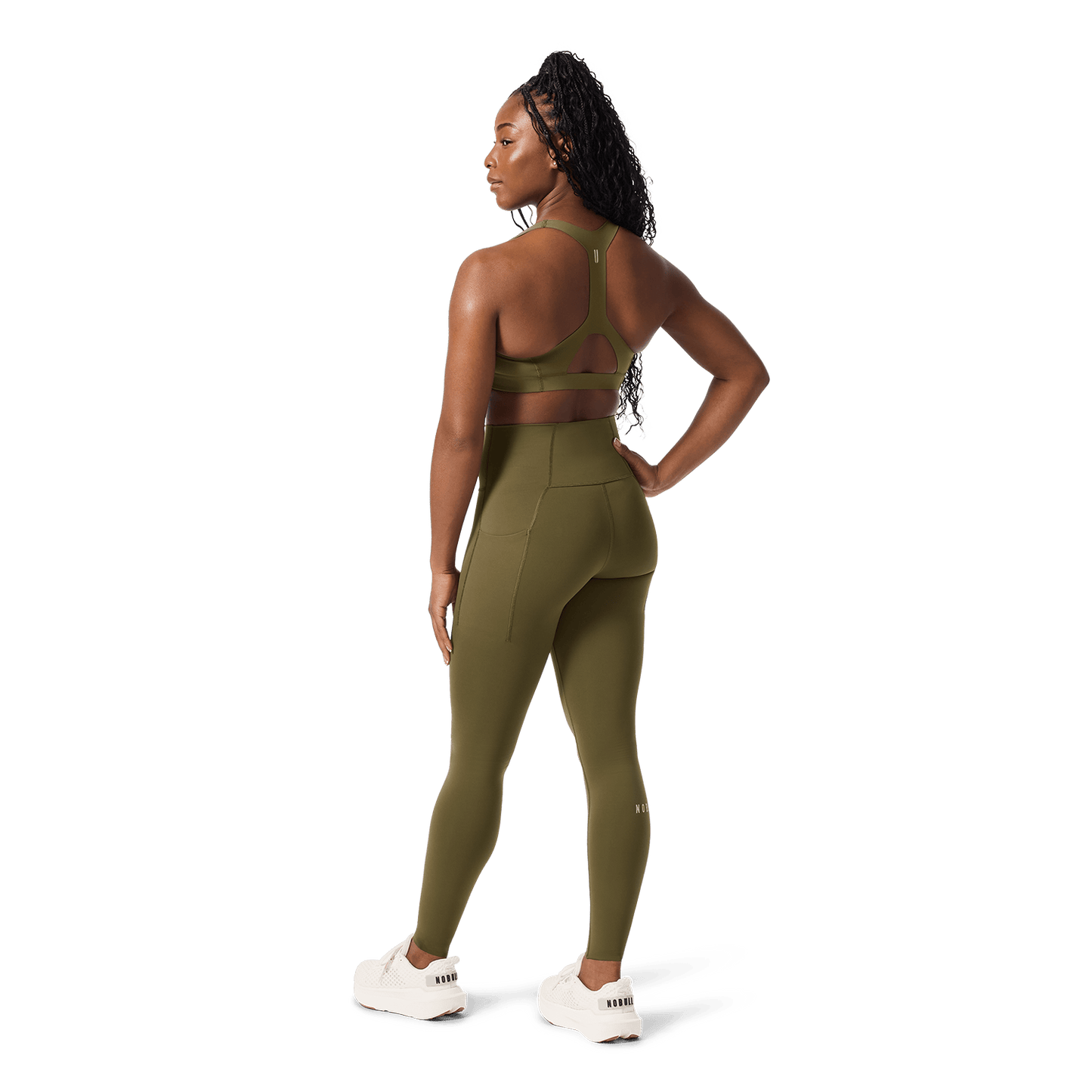 Women's Tactical Green High-Rise Drive Pocket Tight 28" Back Full Body Angle.