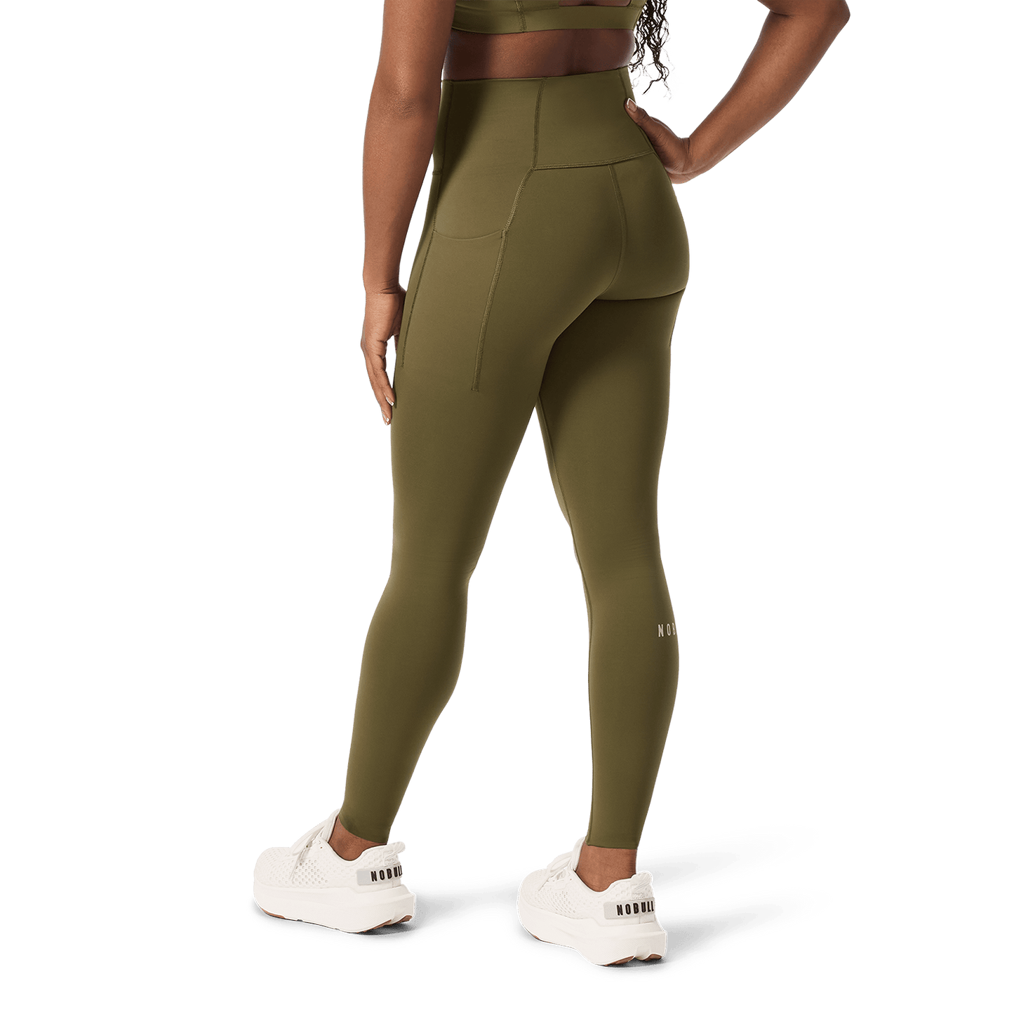 Women's Tactical Green High-Rise Drive Pocket Tight 28" Back Lower Body Angle.