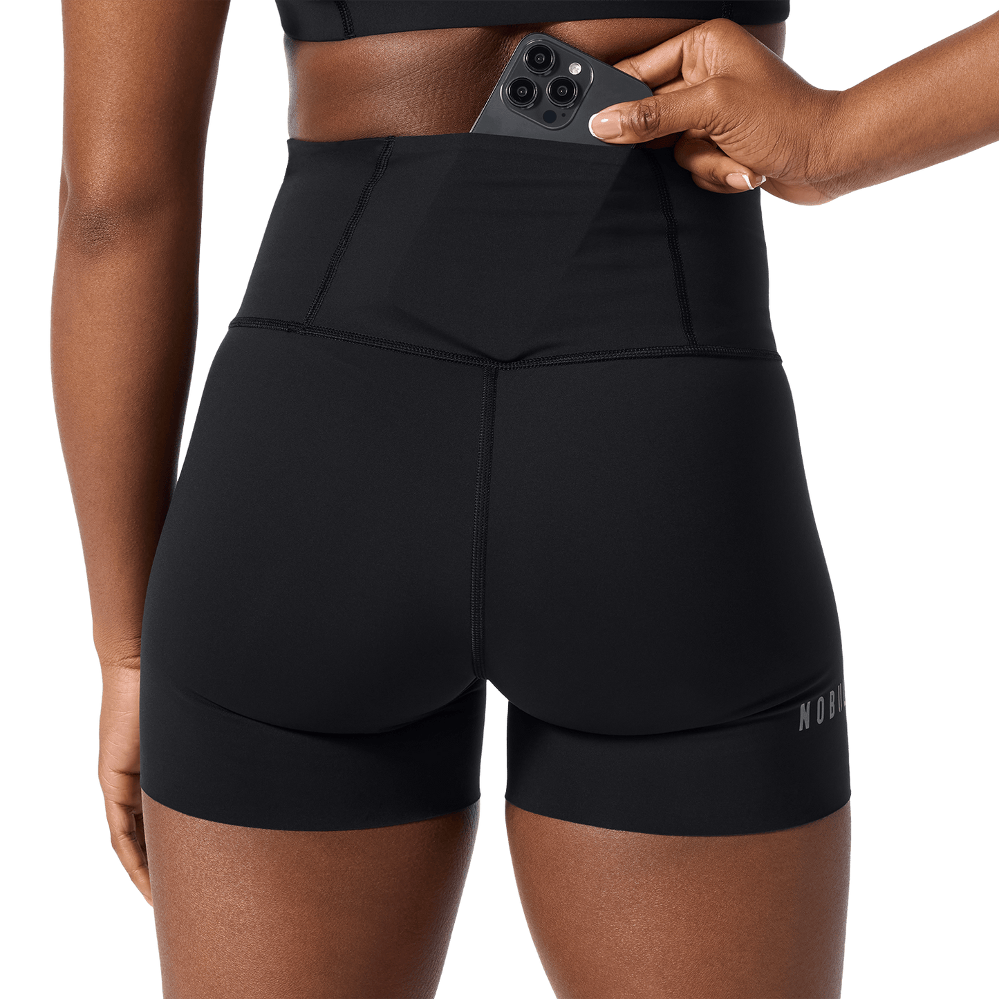 Women's Black High-Rise Drive Short 4" Back Pocket Detail Angle.
