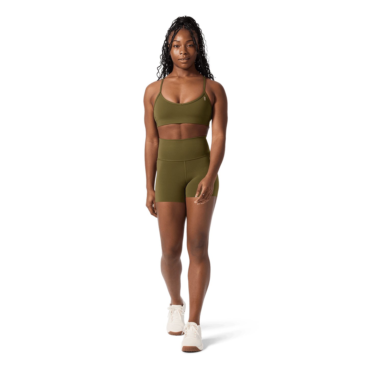 Women's Tactical Green High-Rise Drive Short 4" Front Full Body Angle.