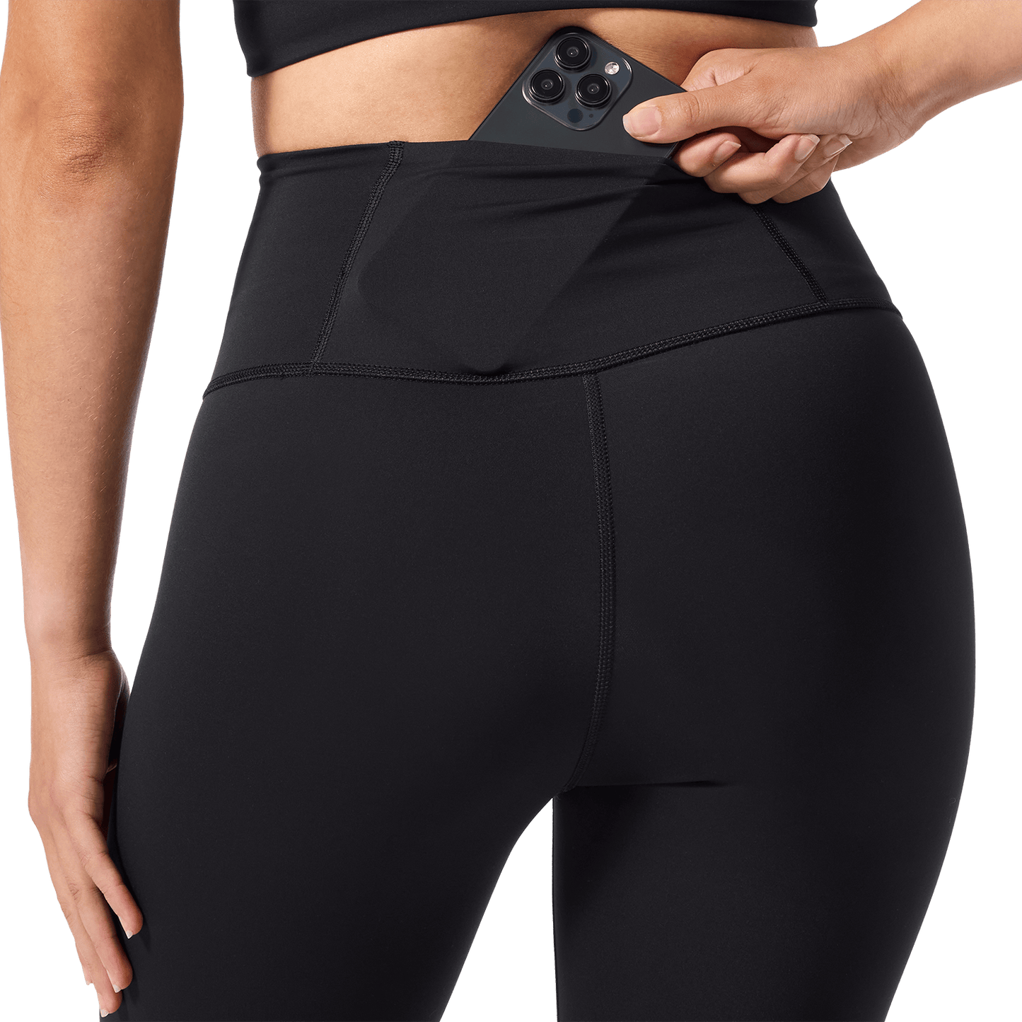 Women's Black High-Rise Drive Tight 25" Back Detail Angle.