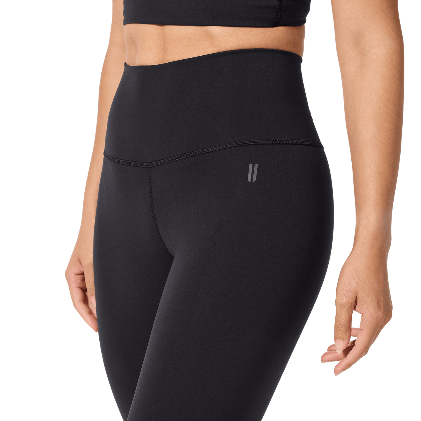 Women's Black High-Rise Drive Tight 25" Front Detail Angle.