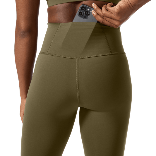 Women's Tactical Green High-Rise Drive Tight 25" Back Pocket Detail Angle.
