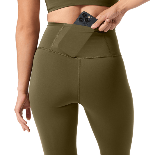Women's Tactical Green High-Rise Drive Tight 28" Back Pocket Detail Angle.