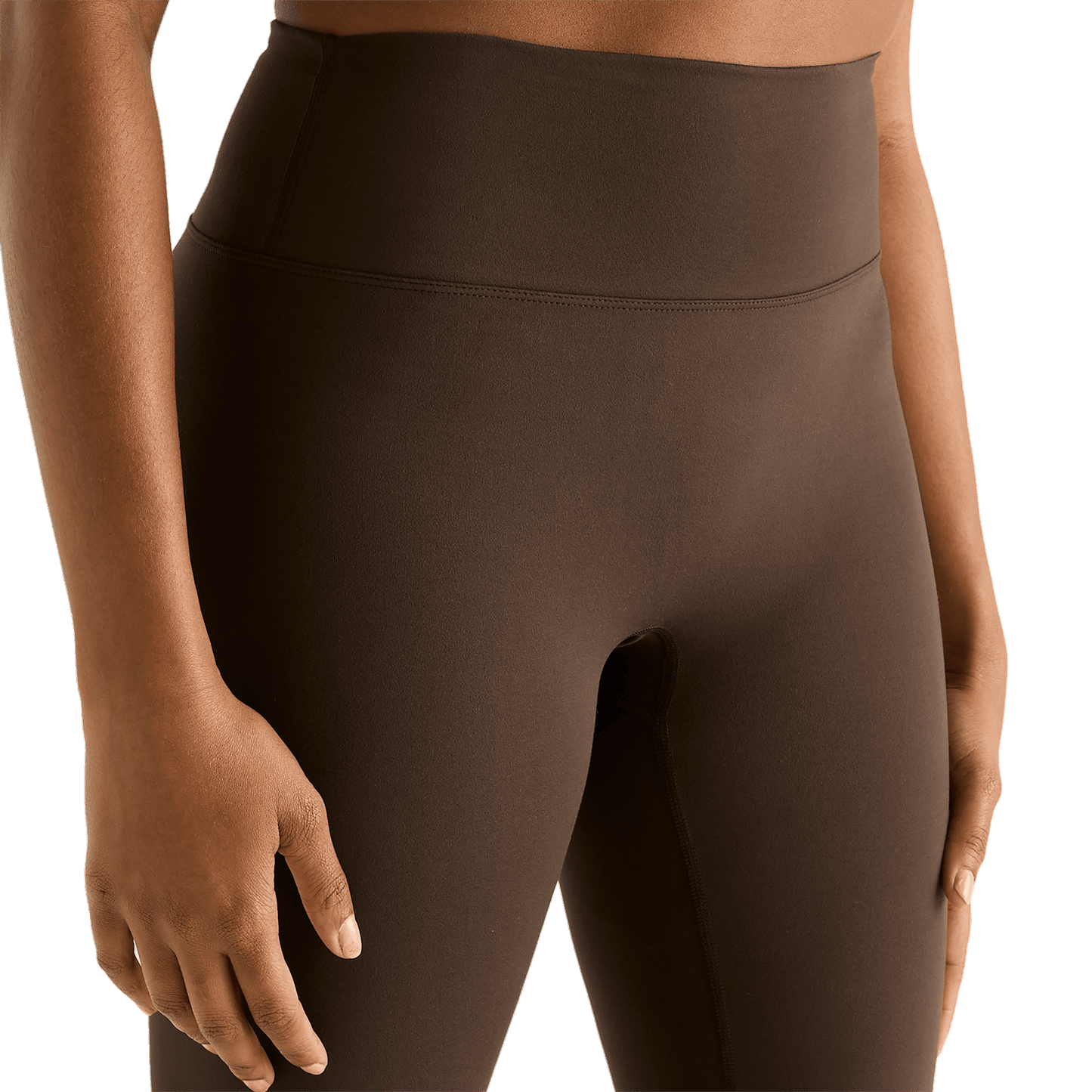 Women's Chocolate High-Rise Matte Tight 25" Front Detail Angle.