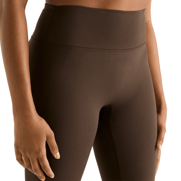 Women's Chocolate High-Rise Matte Tight 25" Front Detail Angle.