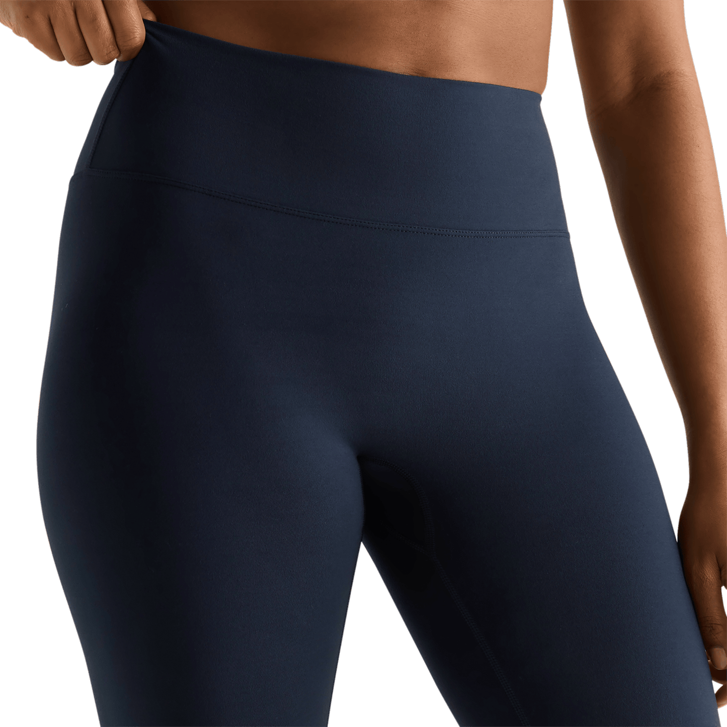 Women's Night Navy High-Rise Matte Tight 25" Front Detail Angle.