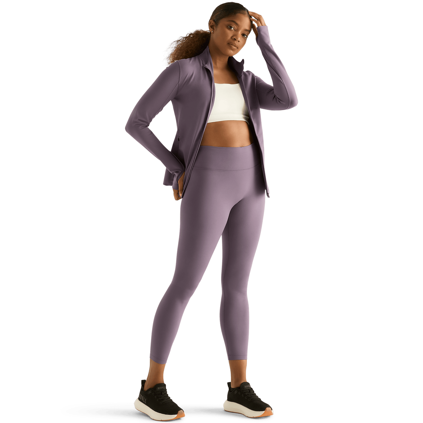 Women's Black Plum High-Rise Matte Tight 25" Front Angle.