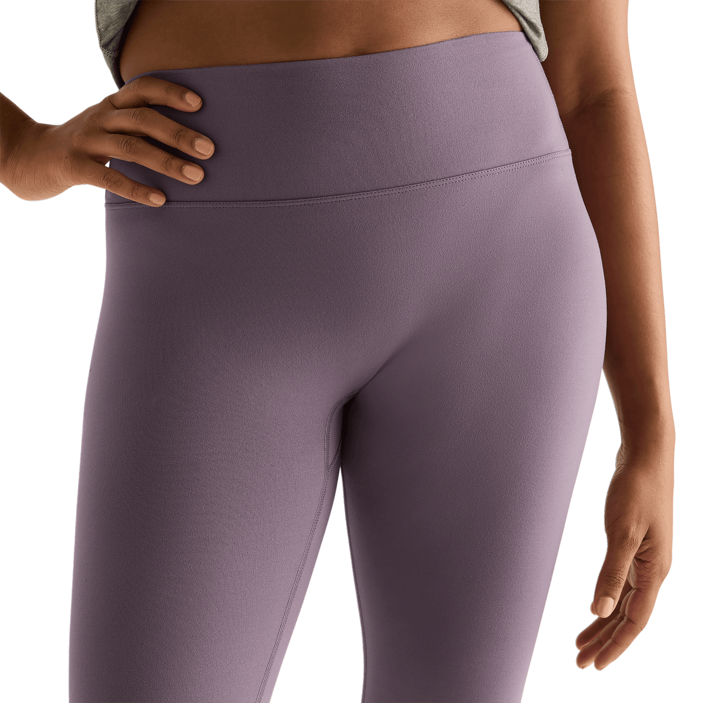 Women's Black Plum High-Rise Matte Tight 25" Front Detail Angle.