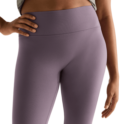 Women's Black Plum High-Rise Matte Tight 25" Front Detail Angle.