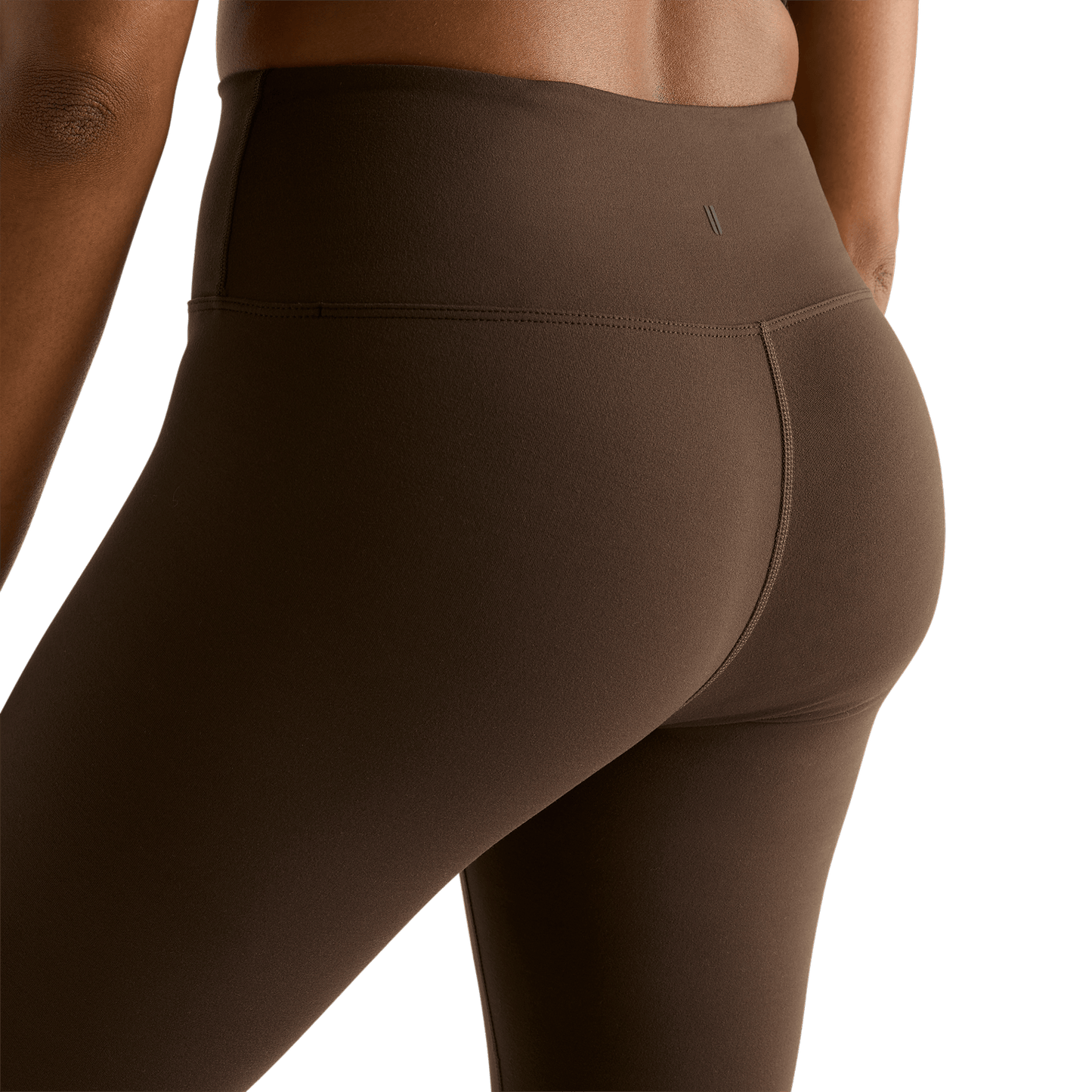 Women's Chocolate High-Rise Matte Tight 28" Silhouette Back Detail Angle.