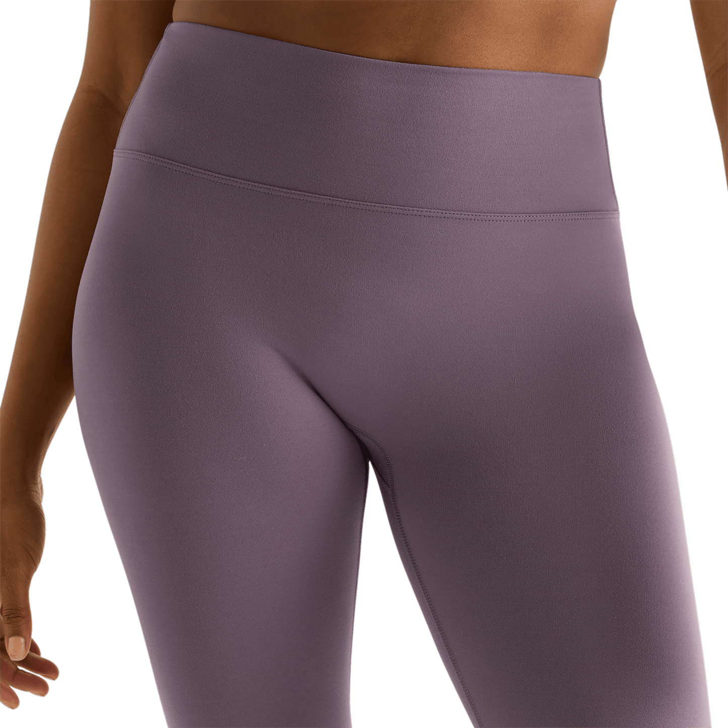 Women's Black Plum High-Rise Matte Tight 28" Front Detail Angle.