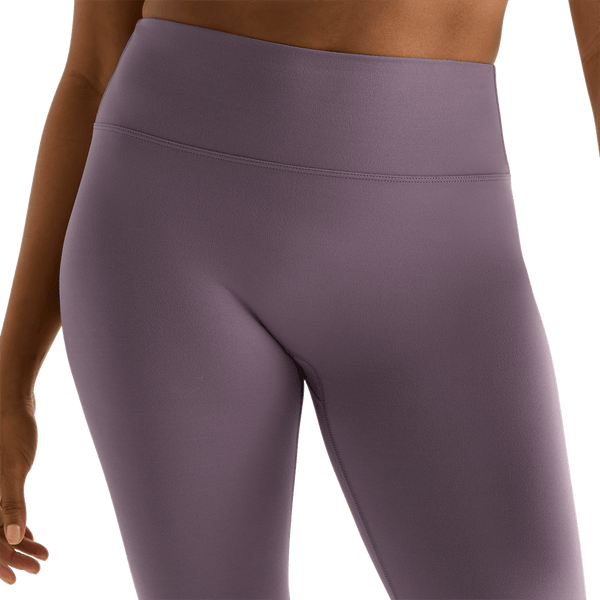 Women's Black Plum High-Rise Matte Tight 28" Front Detail Angle.