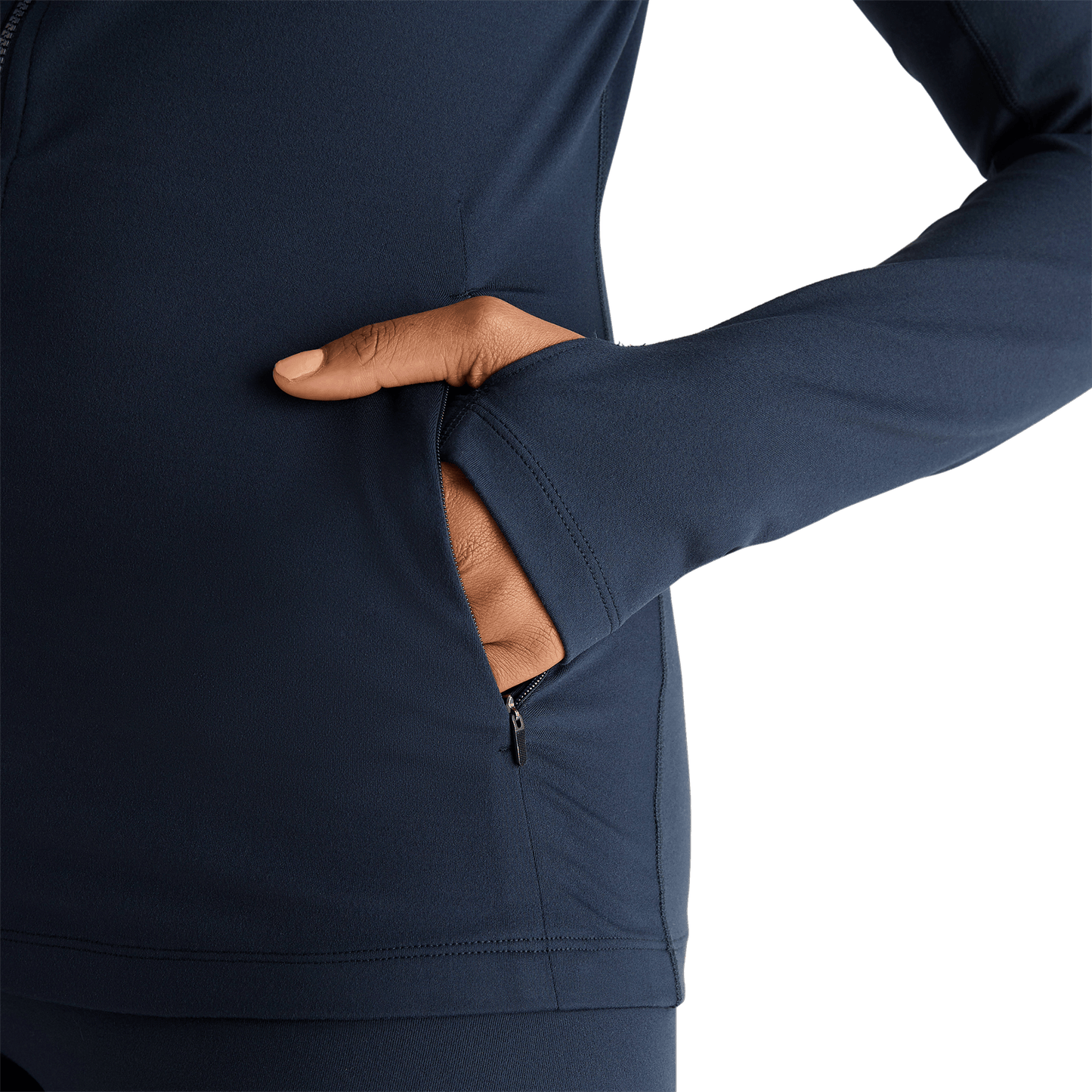 Women's Night Navy Matte Zip-Up Jacket Pocket Detail Angle.