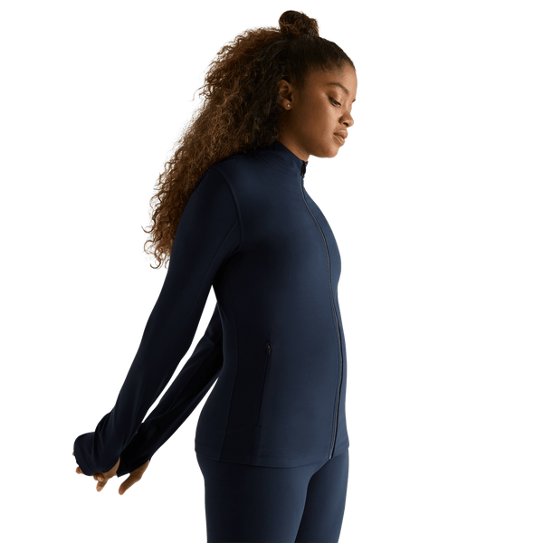 Women's Night Navy Matte Zip-Up Jacket Front Side Angle.