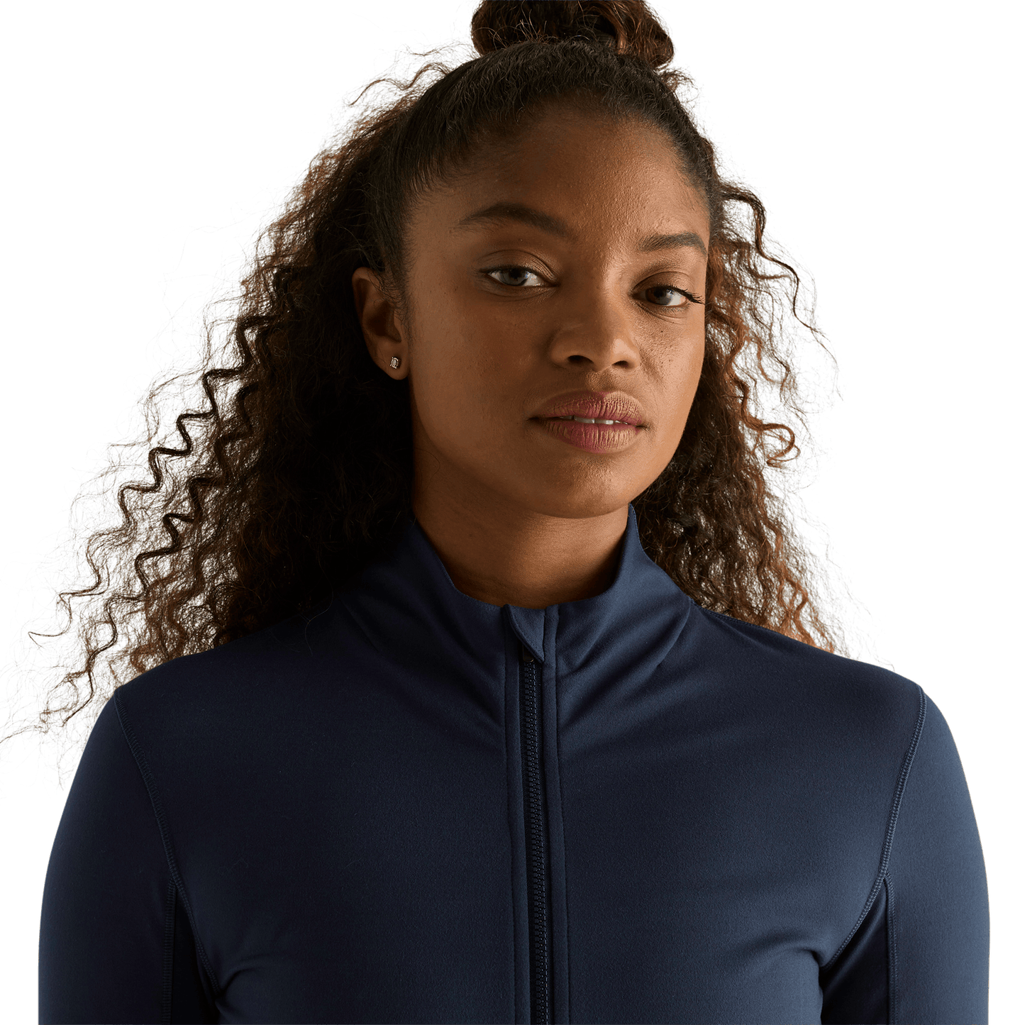 Women's Night Navy Matte Zip-Up Jacket Front Detail Angle.